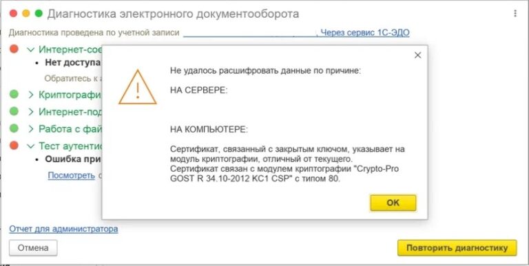 Модуль криптографии не поддерживает алгоритмов подписи 1с